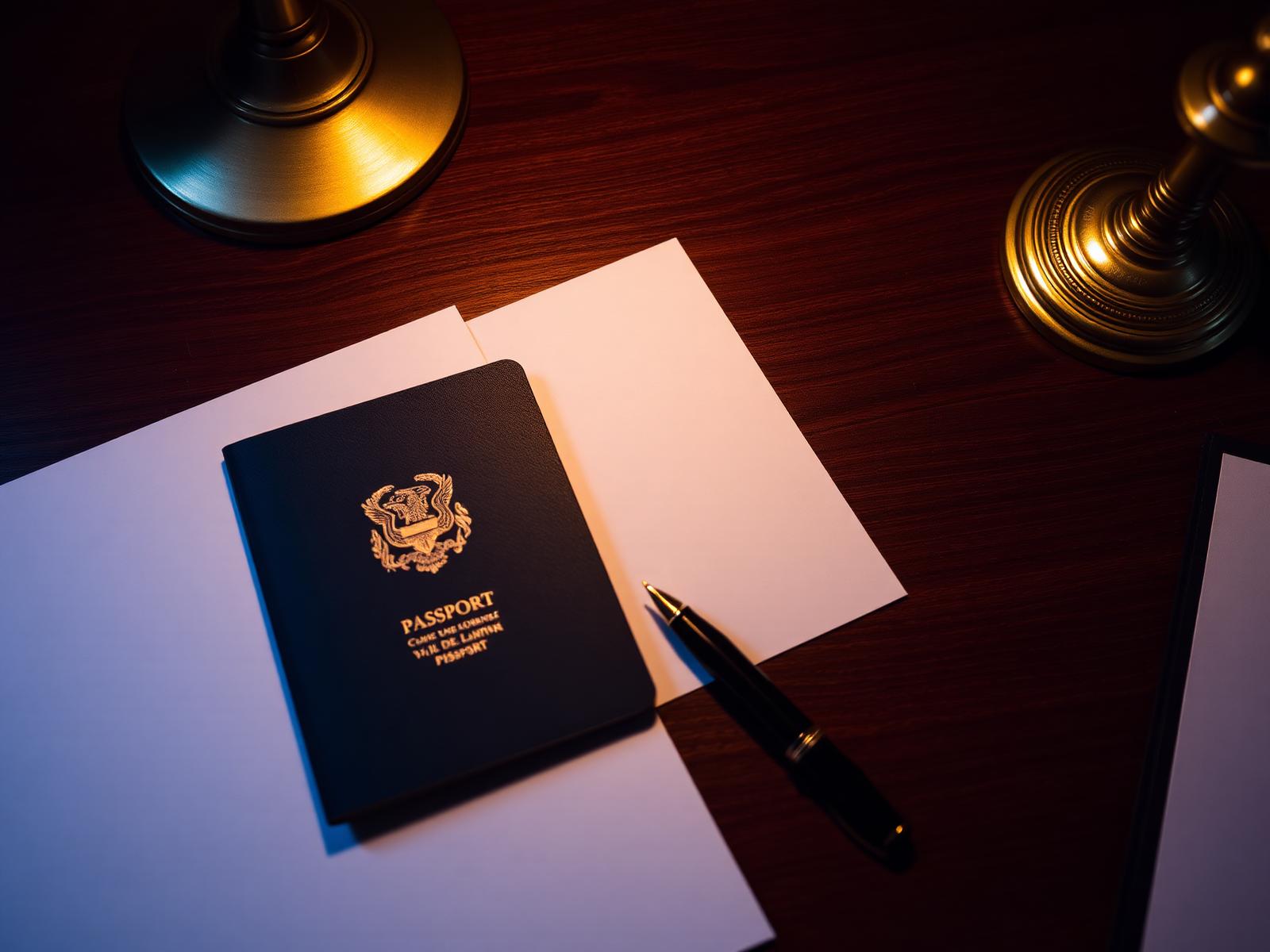 Passport, legal documents and pen on a dark walnut desk